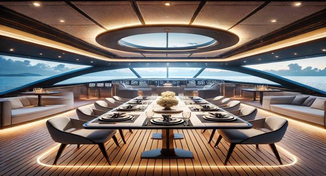 A sophisticated dining setup aboard an Admiral Yacht. The image showcases a beautifully arranged table with fine dining settings