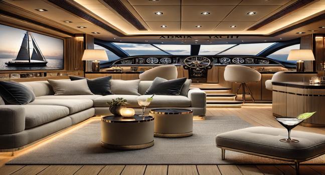 A stylish yacht lounge featuring plush seating and elegant décor. The ambient lighting and subtle ocean reflections enhance the refined atmosphere