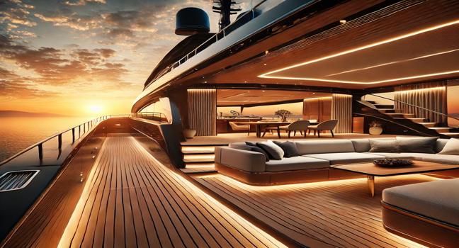 A luxurious Admiral Yacht captured against a stunning sunset. The image highlights the yacht's sleek design with golden light reflecting on the water