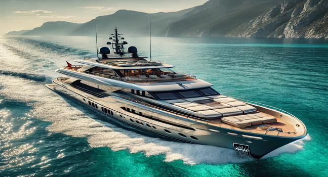 An elegant Ferretti yacht cruising through vibrant turquoise waters under clear skies. Its sophisticated exterior and stylish interior glimpse capture the essence of high-class yachting