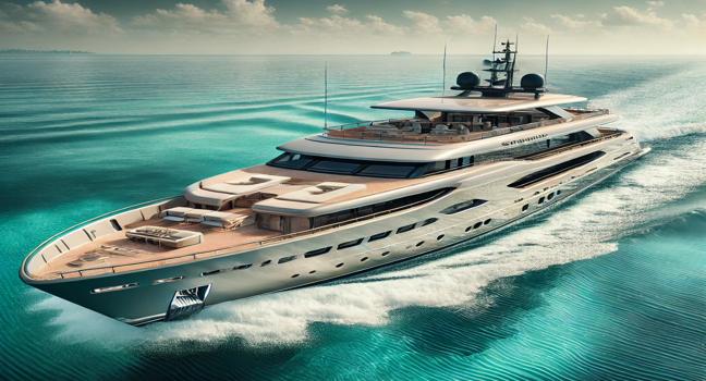 An elegant Sanlorenzo yacht gracefully cruising through vibrant turquoise waters under a clear sky. The sleek exterior and luxurious interior glimpses capture the essence of high-class yachting