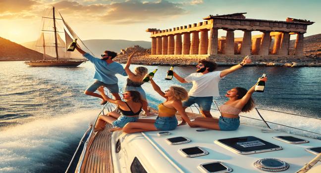 Embark on an adventurous boat charter in Greece, sailing past ancient ruins and beautiful islands