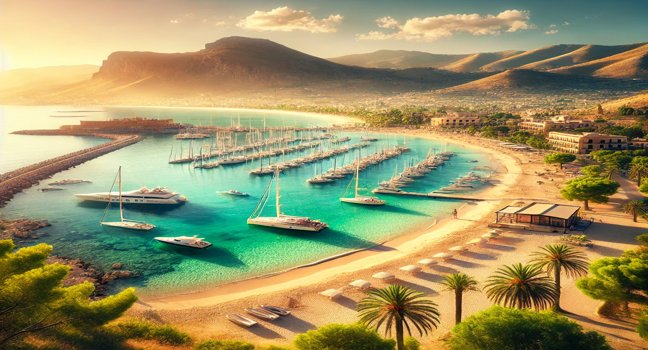 A scenic beach view in Palermo, Italy, with crystal-clear waters, soft sandy shores, and lush green hills in the background. A breathtaking marina yachting environment