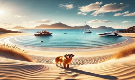 A beautiful dog-friendly beach (Hundestrand) with golden sand, clear blue waters, and a scenic coastal background. A peaceful place for dog lovers