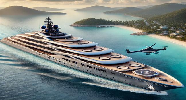 A breathtaking luxury mega yacht cruising near a tropical coastline, featuring multiple decks, a helipad, and an infinity pool for a high-end experience