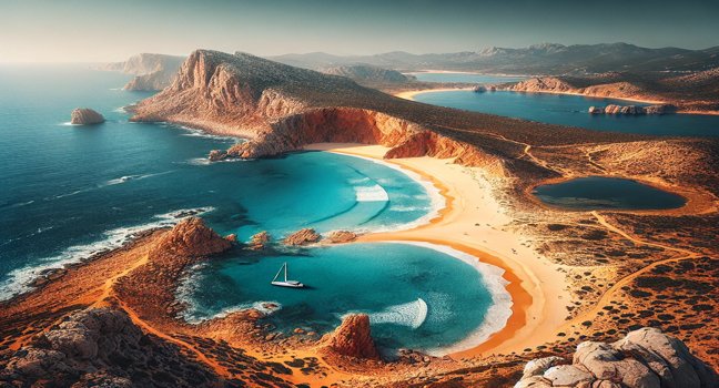 A breathtaking view of the Sardinian coastline with golden sandy beaches, clear blue waters, and rugged cliffs. A spectacular display of Sailing Yacht Bayesian