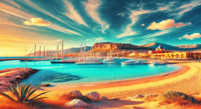 A bright and lively beach in Palermo, Italy, featuring golden sand, clear blue waters, and a vibrant sky. A stunning marina yachting location without any yachts or boats