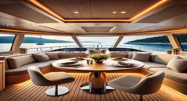 A high-end dining area on a Croatia sailing charter, featuring a polished wooden table, luxurious seating, and stunning ocean views. Ambient lighting enhances the space