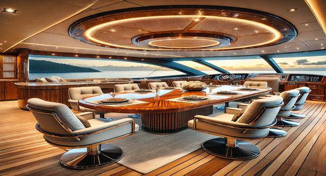 A stylish dining area on a Lions yacht, showcasing a polished wooden table, luxurious seating, and stunning ocean views. Ambient lighting enhances the atmosphere