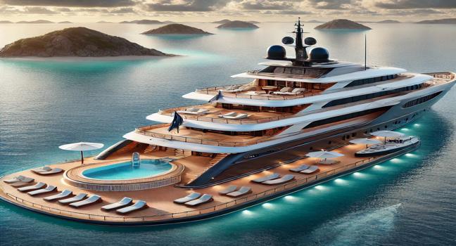 An elegant mega yacht anchored near a private island, featuring a swimming pool, luxury sun loungers, and breathtaking panoramic ocean views