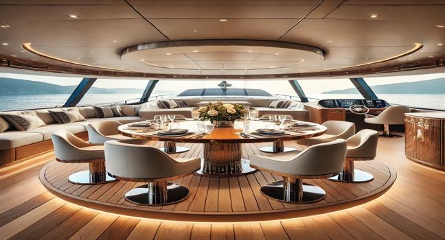 A stylish dining area on a Prezzi Yacht di Lusso, showcasing a polished wooden table, luxurious seating, and stunning ocean views. Ambient lighting enhances the atmosphere