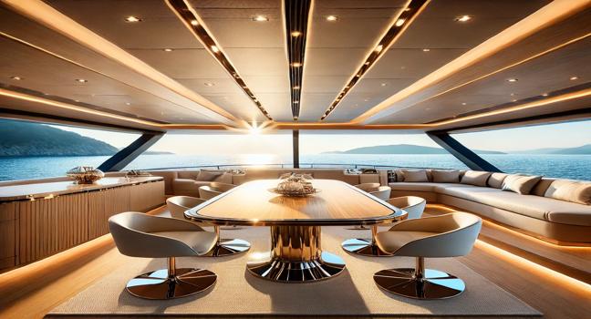 A stylish dining area on a Prezzo Yacht 25 Metri, showcasing a polished wooden table, luxurious seating, and stunning ocean views. Ambient lighting enhances the atmosphere