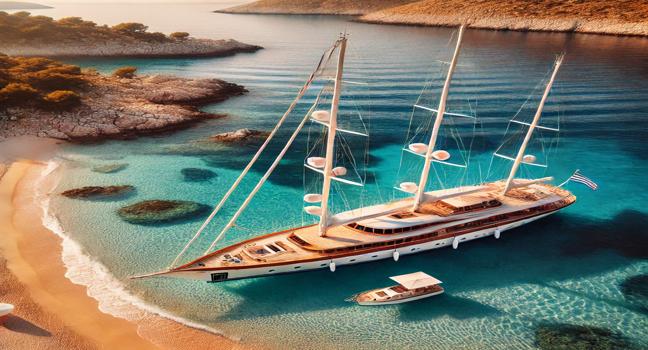 An elegant sailing yacht docked at a scenic Croatian beach, with golden sand and calm turquoise waters. The sails are down, creating a peaceful atmosphere