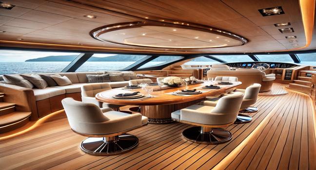 A stylish dining area on a Sanlorenzo yacht, showcasing a polished wooden table, luxurious seating, and stunning ocean views. Ambient lighting enhances the atmosphere