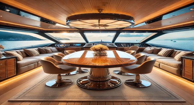 A stylish dining area on a used yacht, showcasing a polished wooden table, luxurious seating, and stunning ocean views. Ambient lighting enhances the atmosphere