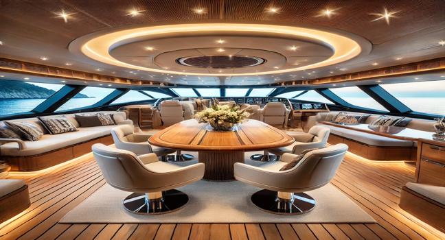 A high-end yacht dining area with a sleek wooden table, luxurious seating, and stunning ocean views. Ambient lighting enhances the space