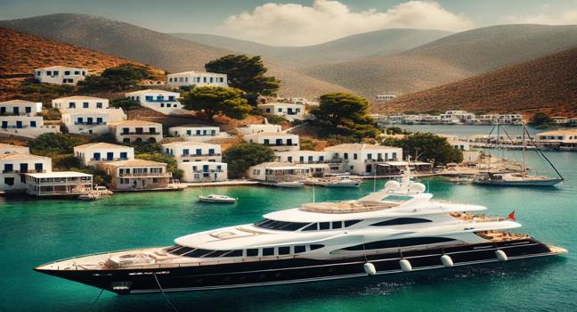 An elegant yacht docked at a scenic Greek island, featuring white stone houses and lush green hills in the background