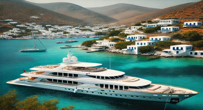 An elegant yacht docked at a scenic Greek island, featuring white stone houses and lush green hills in the background