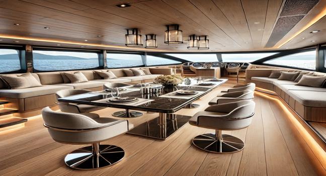 Elegant Prezzo yacht dining area with polished table, comfortable seating, and panoramic ocean views. Sophisticated decor and lighting