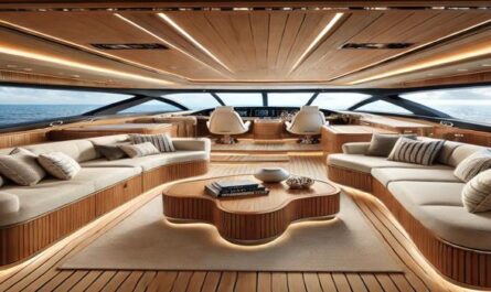 A luxurious Cranchi yacht lounge featuring plush seating, panoramic ocean views, and elegant wood finishes. Designed for premium comfort and relaxation