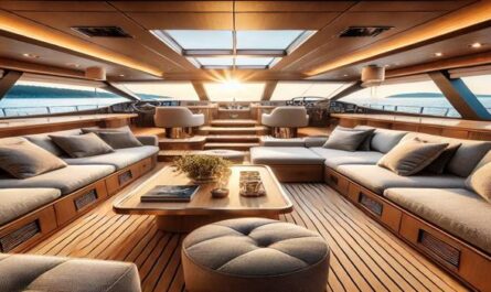 A luxurious Croatia sailing charter lounge featuring plush seating, panoramic ocean views, and elegant wood finishes. Designed for relaxation and premium comfort