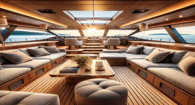 A luxurious Croatia sailing charter lounge featuring plush seating, panoramic ocean views, and elegant wood finishes. Designed for relaxation and premium comfort