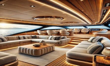 A luxurious Lions yacht lounge featuring plush seating, panoramic ocean views, and elegant wood finishes. Designed for premium comfort and relaxation