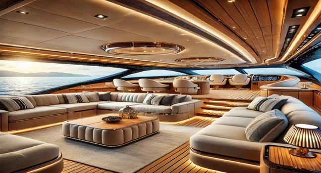 A luxurious Lions yacht lounge featuring plush seating, panoramic ocean views, and elegant wood finishes. Designed for premium comfort and relaxation