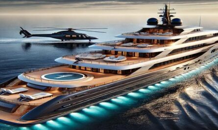 A luxurious mega yacht sailing on calm ocean waters, featuring a helipad, sunbathing area, and expansive deck for the ultimate luxury experience