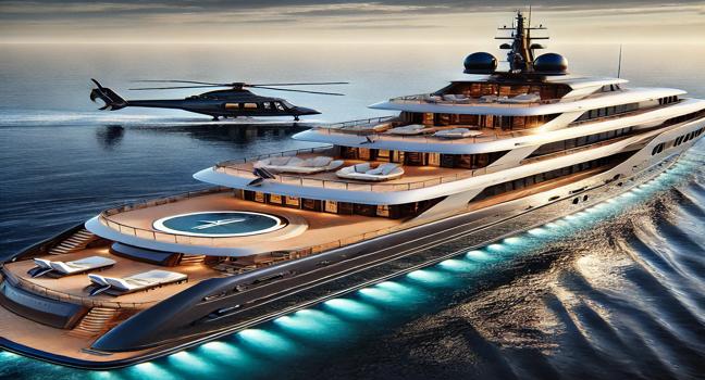 A luxurious mega yacht sailing on calm ocean waters, featuring a helipad, sunbathing area, and expansive deck for the ultimate luxury experience