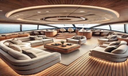 luxurious Prezzi Yacht di Lusso lounge featuring plush seating, panoramic ocean views, and elegant wood finishes. Designed for premium comfort and relaxation