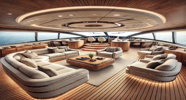 luxurious Prezzi Yacht di Lusso lounge featuring plush seating, panoramic ocean views, and elegant wood finishes. Designed for premium comfort and relaxation