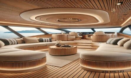 A luxurious Prezzo Yacht 25 Metri lounge featuring plush seating, panoramic ocean views, and elegant wood finishes. Designed for premium comfort and relaxation