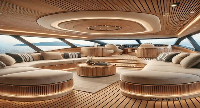 A luxurious Prezzo Yacht 25 Metri lounge featuring plush seating, panoramic ocean views, and elegant wood finishes. Designed for premium comfort and relaxation