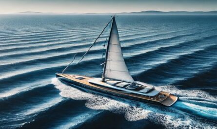 A luxurious sailing yacht on the open sea with deep blue waters, gentle waves, and a vast horizon. A sleek and modern representation of marine travel