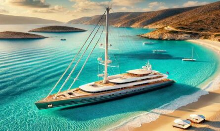 A luxury sailing yacht anchored near a Greek beach, offering stunning views