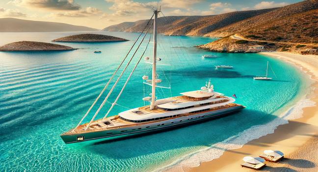 A luxury sailing yacht anchored near a Greek beach, offering stunning views