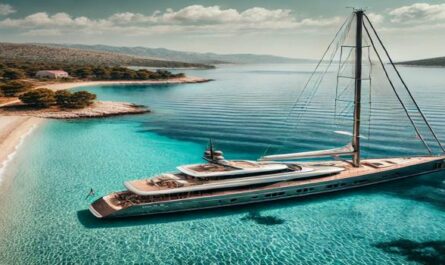 A luxurious sailing yacht anchored near the shore in Croatia, surrounded by crystal-clear turquoise waters and a sandy beach. A perfect setting for relaxation