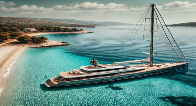 A luxurious sailing yacht anchored near the shore in Croatia, surrounded by crystal-clear turquoise waters and a sandy beach. A perfect setting for relaxation