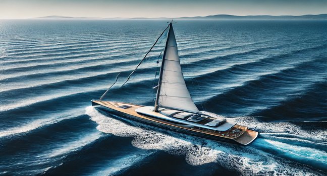 A luxurious sailing yacht on the open sea with deep blue waters, gentle waves, and a vast horizon. A sleek and modern representation of marine travel