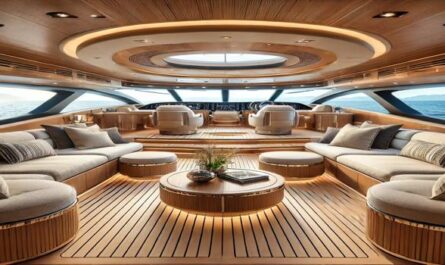 A luxurious Sanlorenzo yacht lounge featuring plush seating, panoramic ocean views, and elegant wood finishes. Designed for premium comfort and relaxation