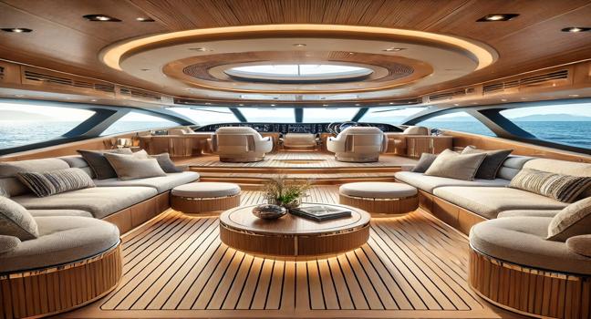 A luxurious Sanlorenzo yacht lounge featuring plush seating, panoramic ocean views, and elegant wood finishes. Designed for premium comfort and relaxation