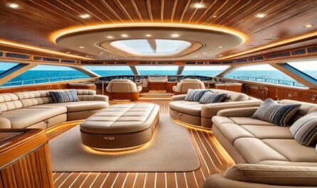 A luxurious used yacht lounge featuring plush seating, panoramic ocean views, and elegant wood finishes. Designed for premium comfort and relaxation