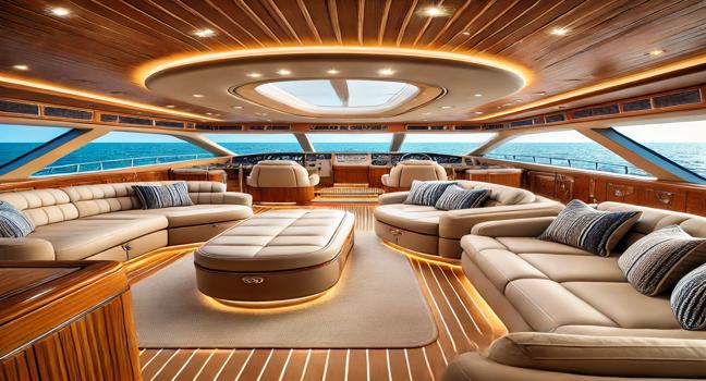 A luxurious used yacht lounge featuring plush seating, panoramic ocean views, and elegant wood finishes. Designed for premium comfort and relaxation