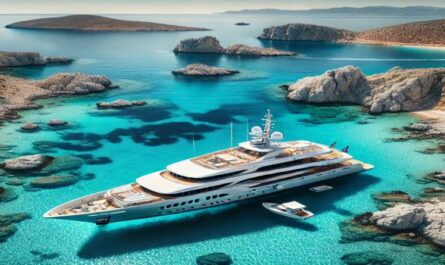 A luxurious yacht anchored near a Greek island, surrounded by crystal-clear waters and white rocky cliffs. A perfect setting for an exclusive sailing experience