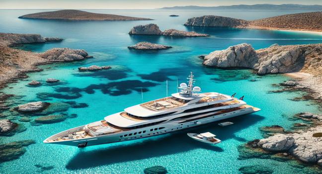 A luxurious yacht anchored near a Greek island, surrounded by crystal-clear waters and white rocky cliffs. A perfect setting for an exclusive sailing experience