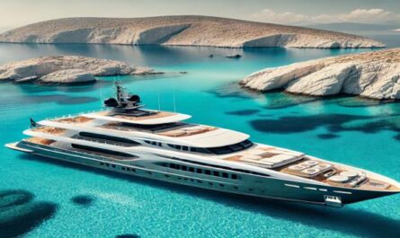 A luxurious yacht anchored near a Greek island, surrounded by crystal-clear waters and white rocky cliffs