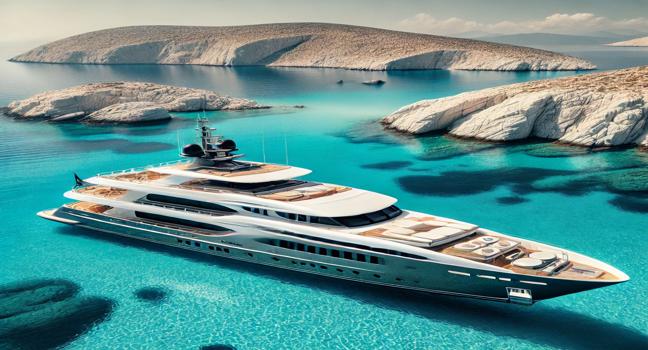 A luxurious yacht anchored near a Greek island, surrounded by crystal-clear waters and white rocky cliffs