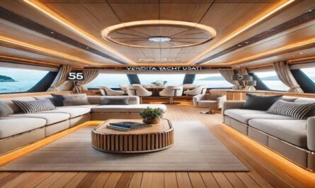 A luxurious yacht interior with a spacious living area, featuring plush sofas, panoramic ocean views, and modern wood finishes. Designed for ultimate comfort