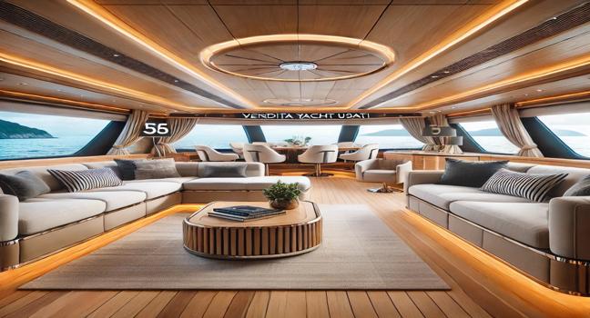 A luxurious yacht interior with a spacious living area, featuring plush sofas, panoramic ocean views, and modern wood finishes. Designed for ultimate comfort